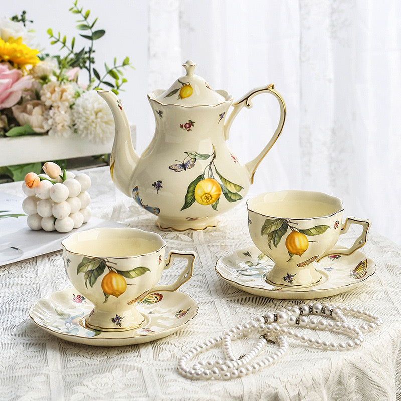 Vintage Style Ceramic Tea Set with Lemon and Butterfly Pattern