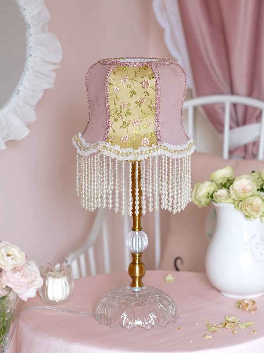 Pink Table Lamp with Embroidered Shade and Pearl Fringes