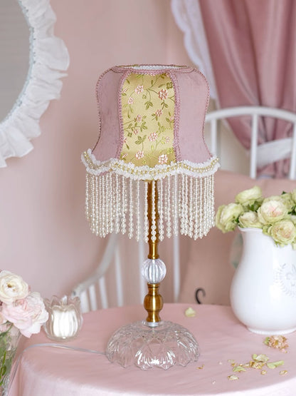 Pink Table Lamp with Embroidered Shade and Pearl Fringes