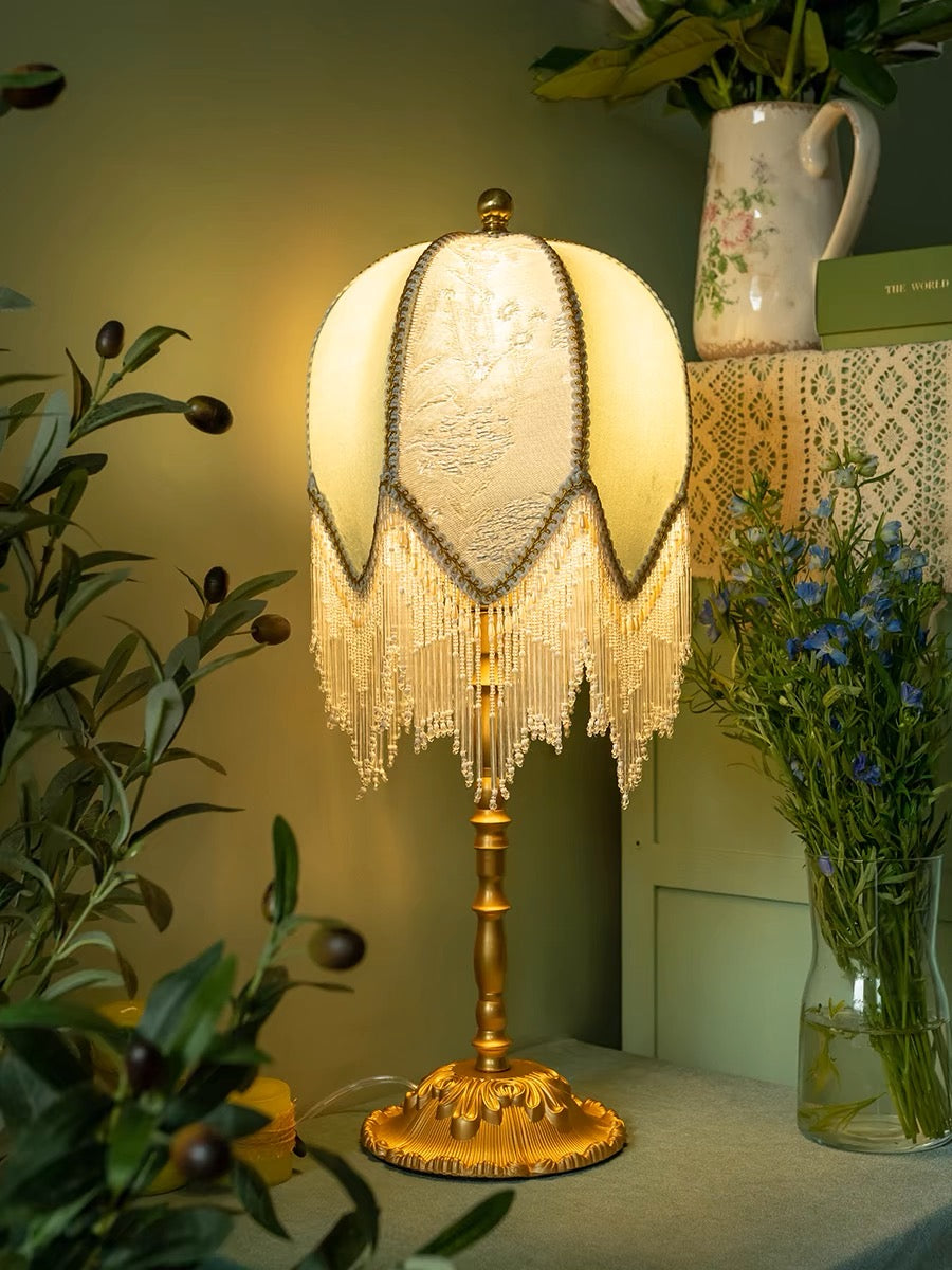 Blue Table Lamp with Embroidered Shade and Bead Fringes