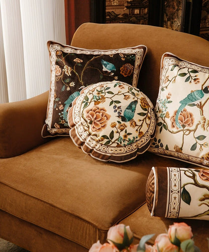 Japanese Style Velvet Cushion Cover with Bird and Floral Pattern