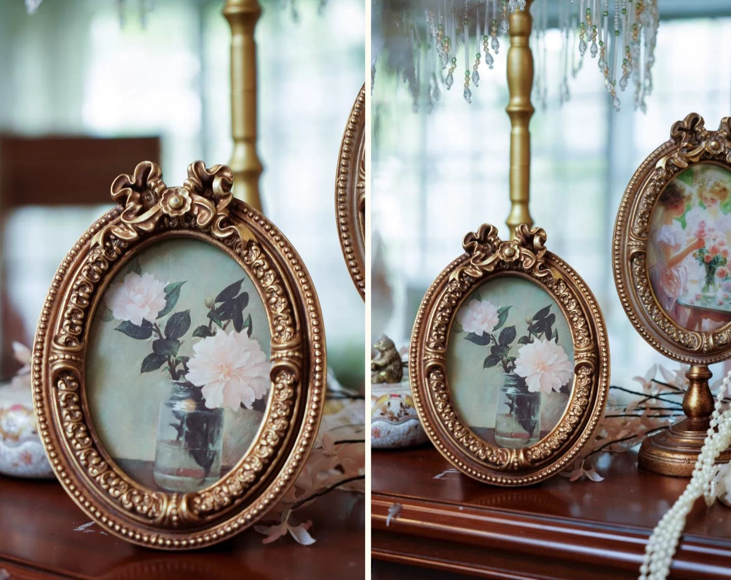 Vintage Inspired Gold Photo Frame and Mirror with A Stand