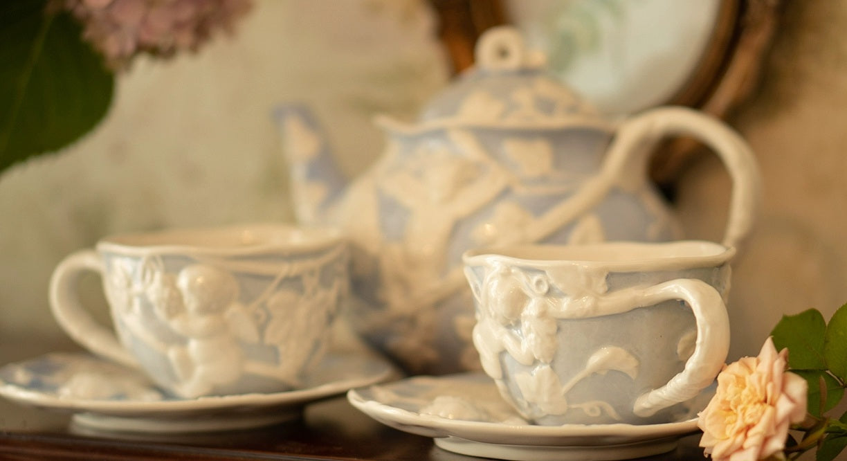 Blue Retro French Style Relief Ceramic Tea Set with Angels