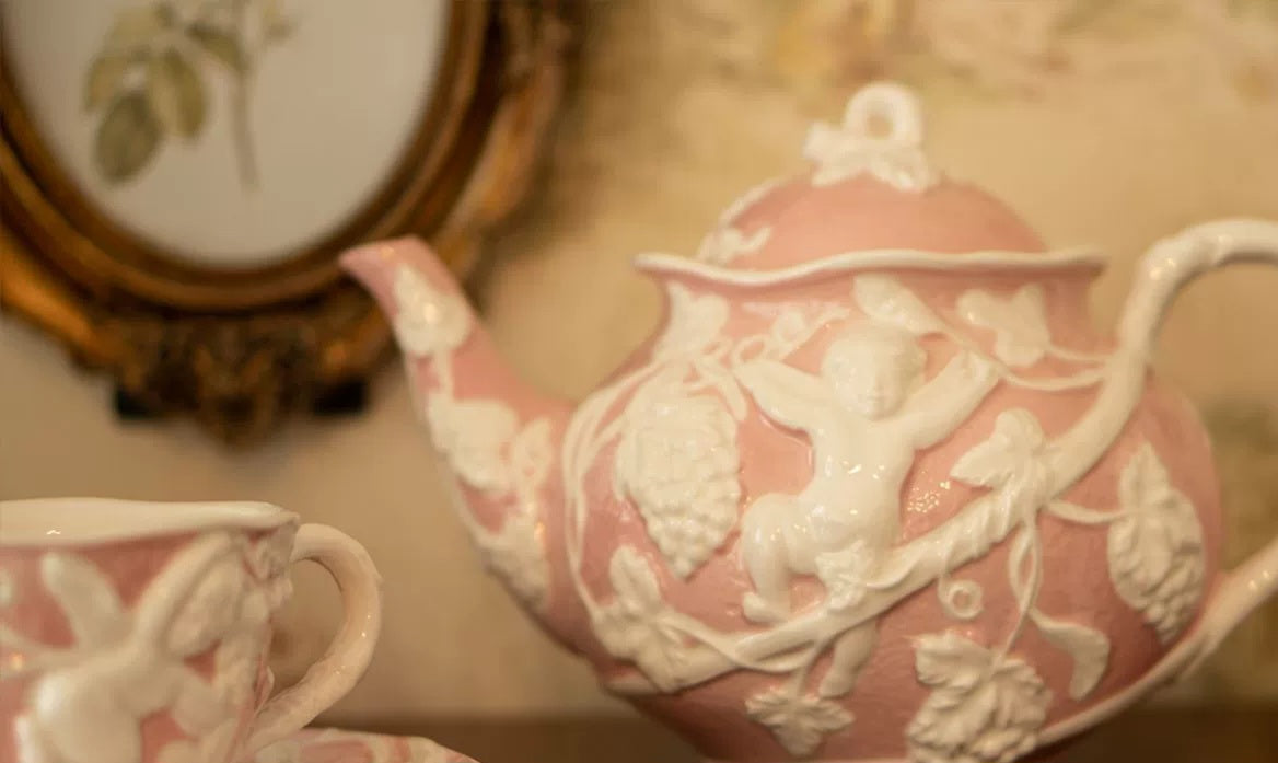 Pink Retro French Style Relief Ceramic Tea Set with Angels