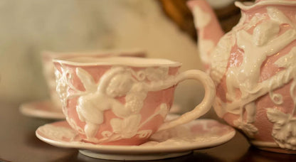 Pink Retro French Style Relief Ceramic Tea Set with Angels