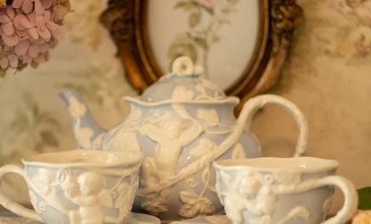 Blue Retro French Style Relief Ceramic Tea Set with Angels