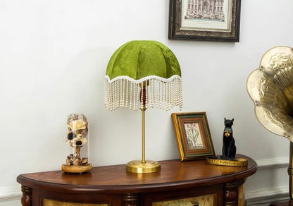 Table Lamp with Green Shade and Pearl Fringe