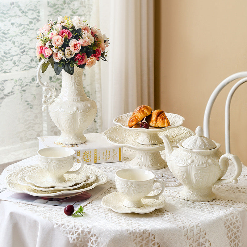 Vintage Style Royal Embossed Ceramic Afternoon Tea Cup Set