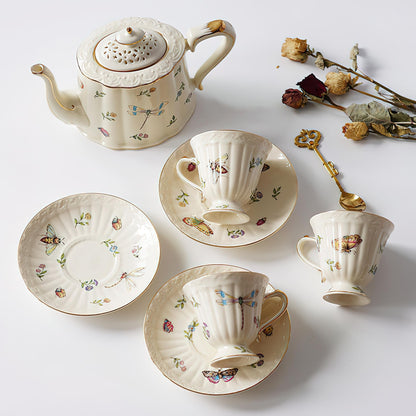 Vintage Style Ceramic Tea Set with Dragonfly and Butterfly Pattern