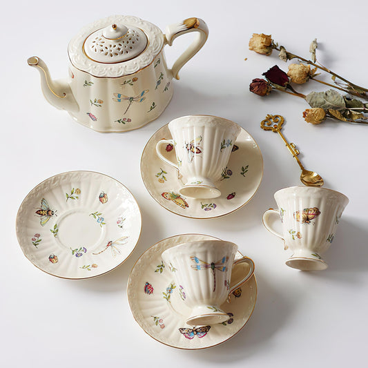 Vintage Style Ceramic Tea Set with Dragonfly and Butterfly Pattern