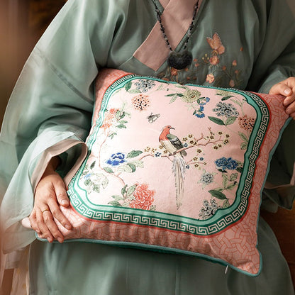 Japanese Style Green and Pink Velvet Cushion Cover