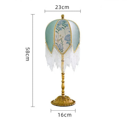 Blue Table Lamp with Embroidered Shade and Bead Fringes