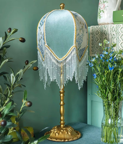 Blue Table Lamp with Embroidered Shade and Bead Fringes