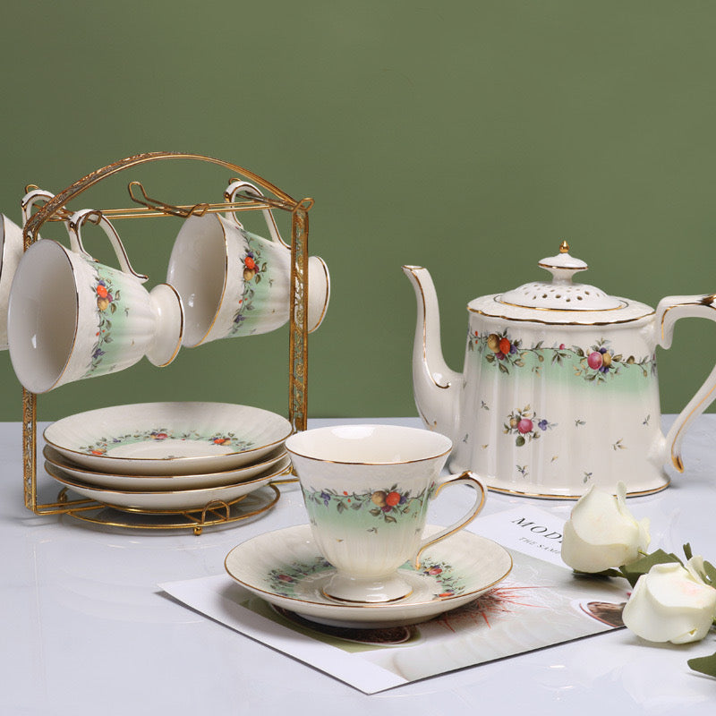 Vintage Style Light Green Ceramic Tea Set with Fruits