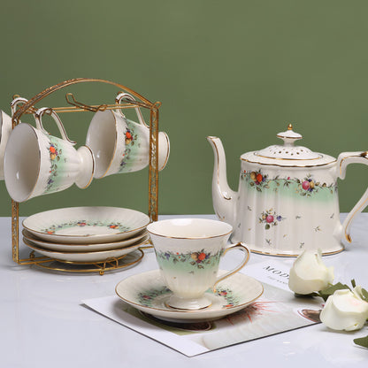 Vintage Style Light Green Ceramic Tea Set with Fruits