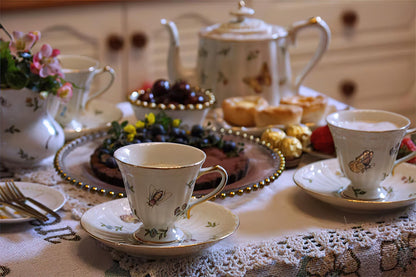 Vintage Style Ceramic Tea Set with Dragonfly and Butterfly Pattern