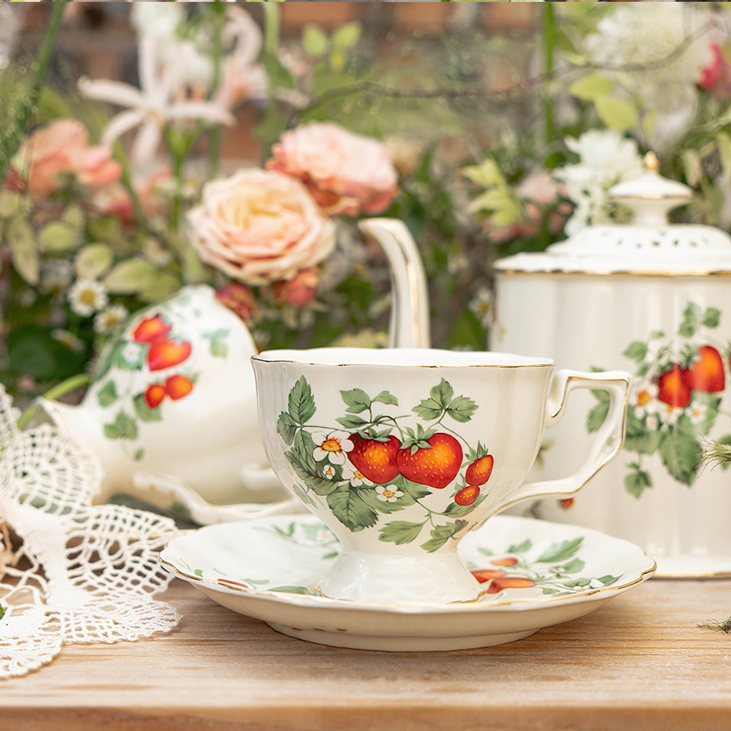 Vintage Style Strawberry Ceramic Tea Set