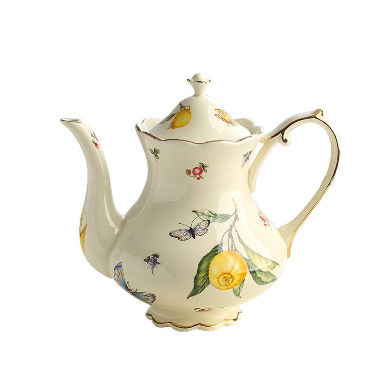 Vintage Style Ceramic Tea Set with Lemon and Butterfly Pattern