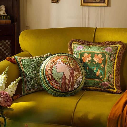 Premium Green & Yellow Velvet Cushion Cover