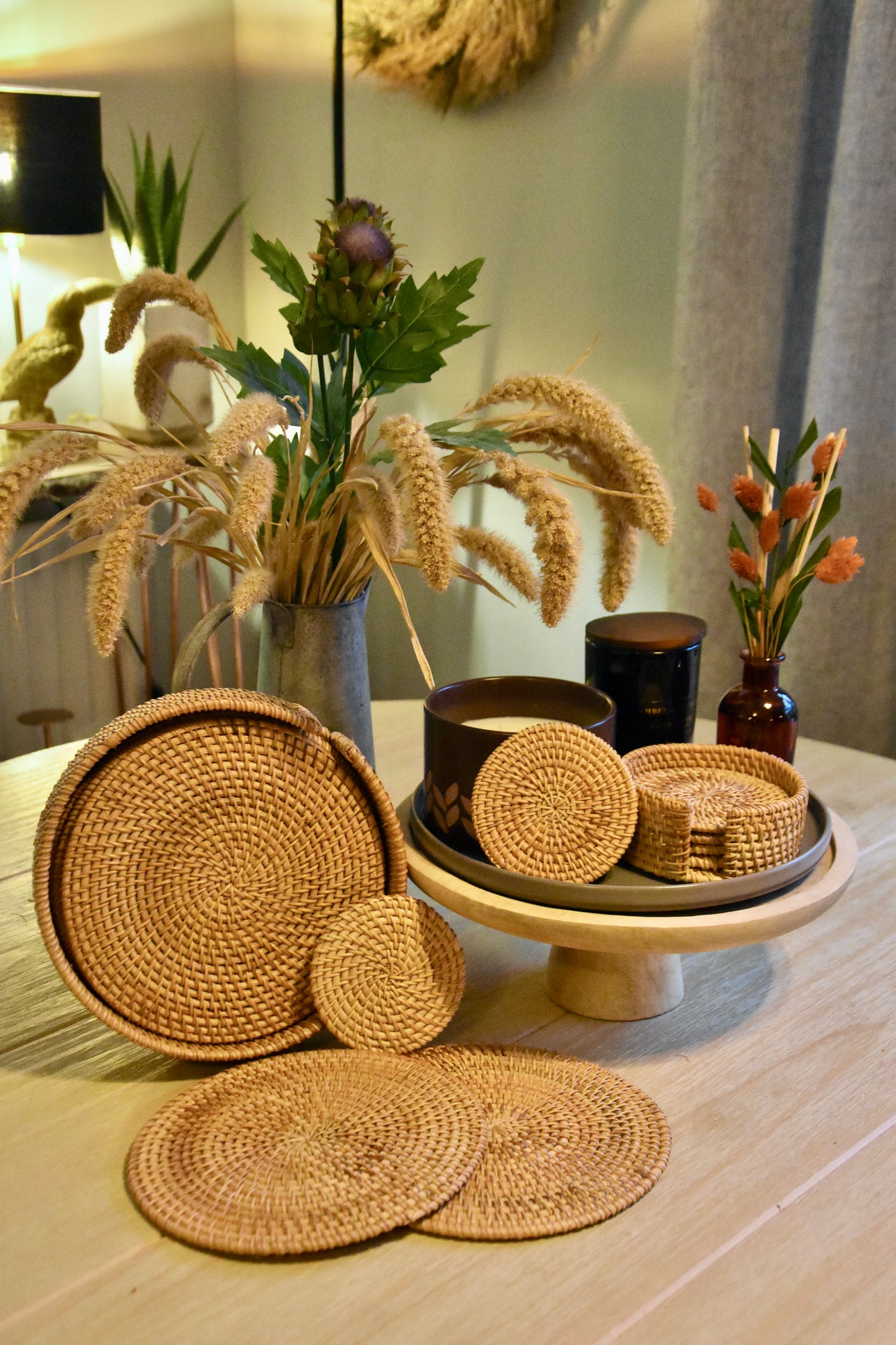 6 Piece Handwoven Rattan Boho Coasters Placemats with Holder