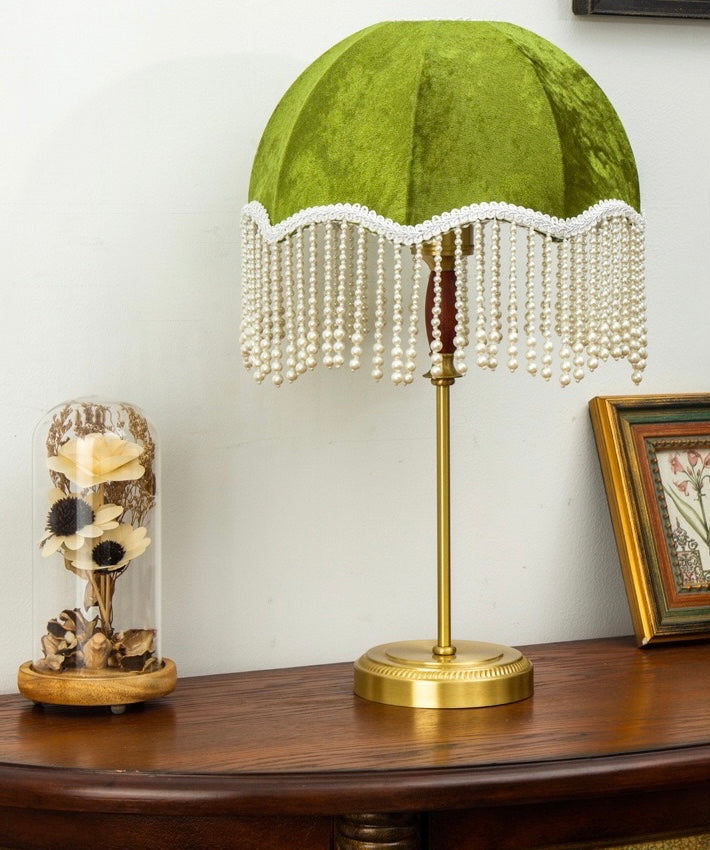 Table Lamp with Green Shade and Pearl Fringe