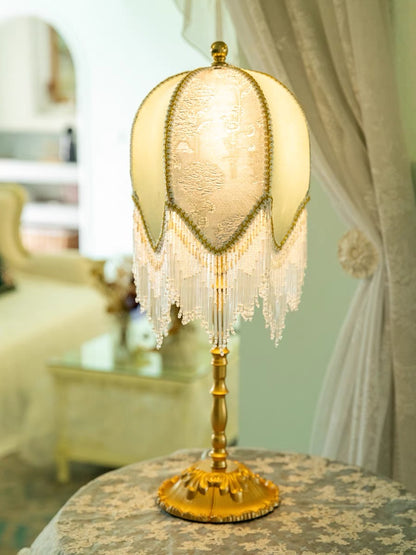 Blue Table Lamp with Embroidered Shade and Bead Fringes