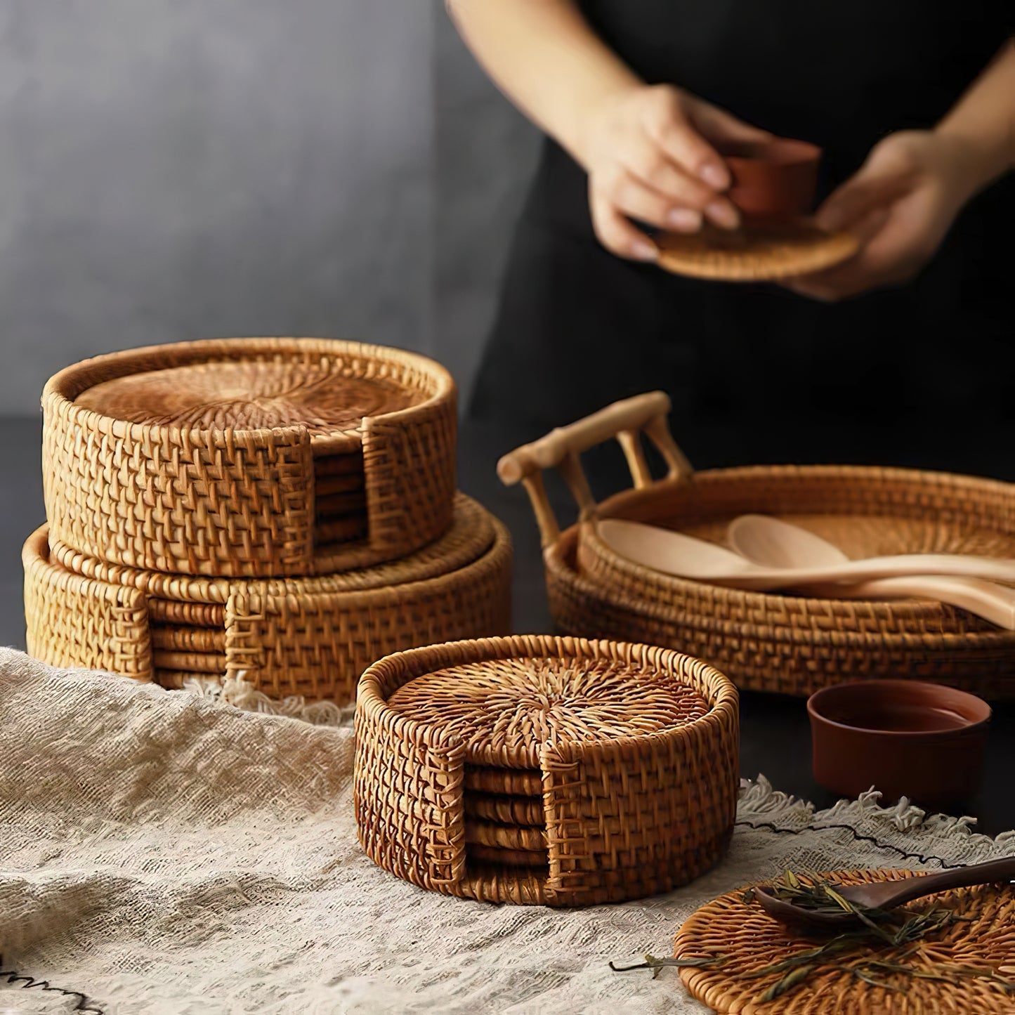 6 Piece Handwoven Rattan Boho Coasters Placemats with Holder