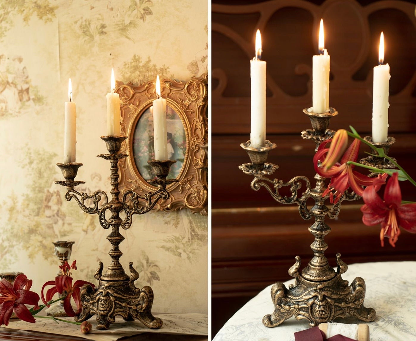 French Vintage Style Metal Cinderella Candlestick Holders