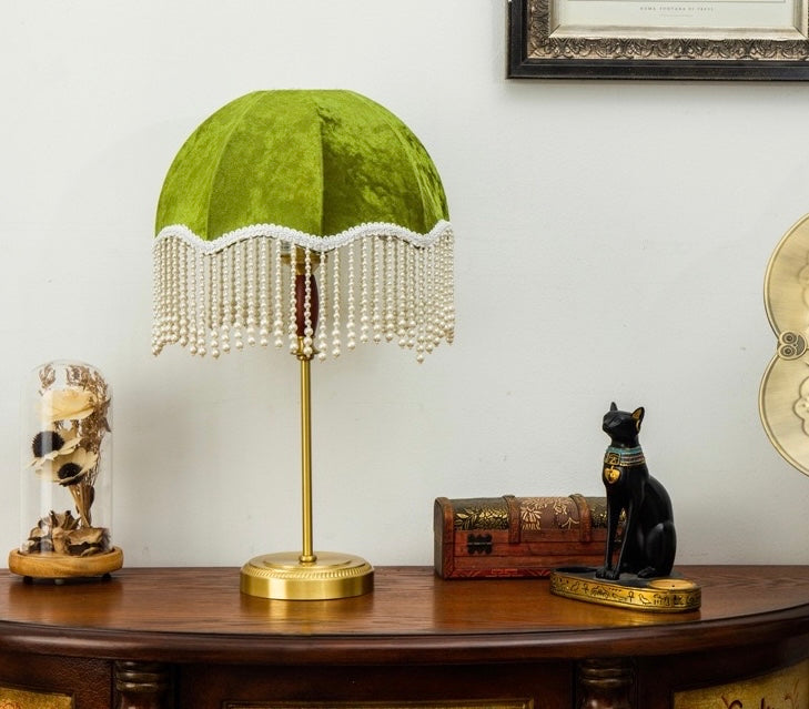 Table Lamp with Green Shade and Pearl Fringe