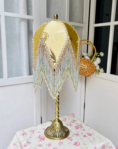 Green Table Lamp with Embroidered Floral Velvet Shade