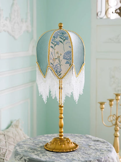 Blue Table Lamp with Embroidered Shade and Bead Fringes