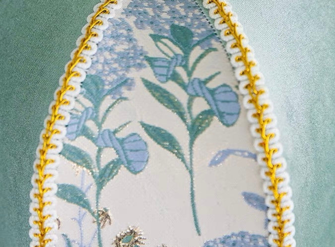 Blue Table Lamp with Embroidered Shade and Bead Fringes