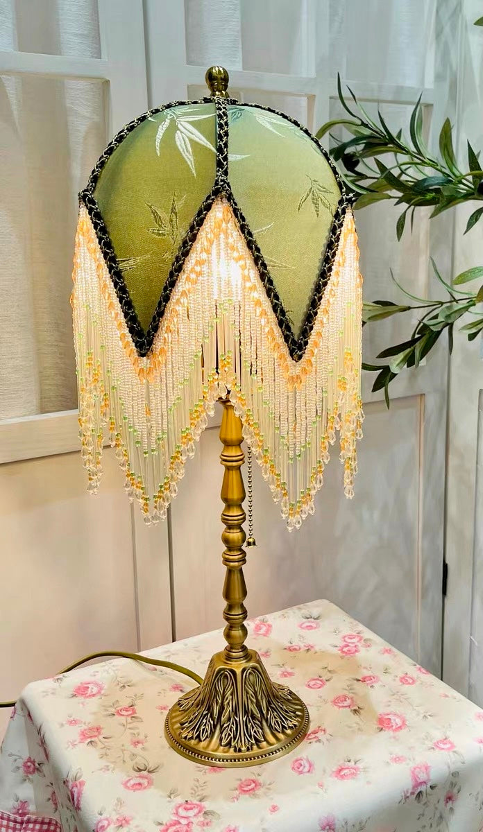 Green Table Lamp with Embroidered Floral Velvet Shade