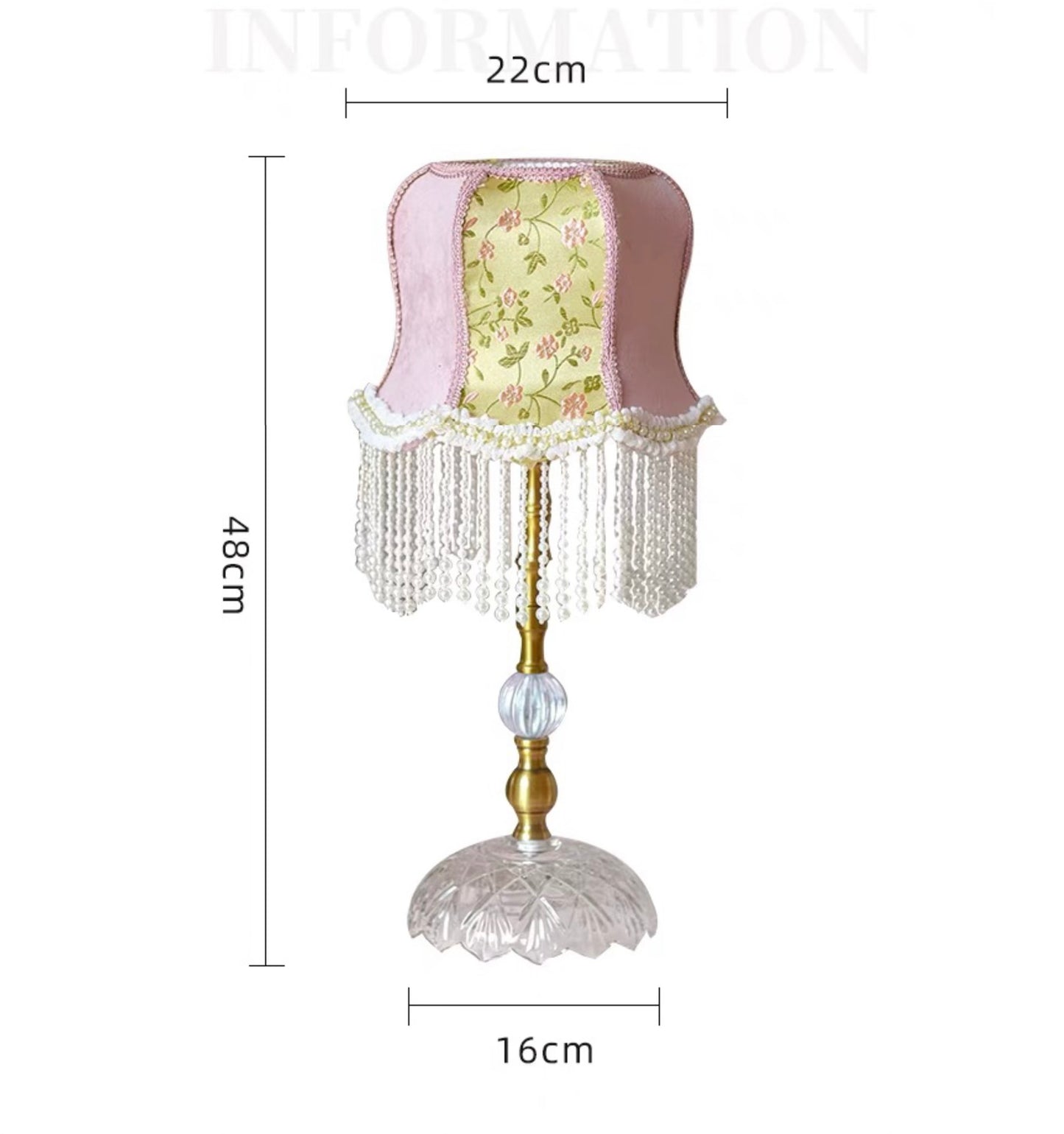 Pink Table Lamp with Embroidered Shade and Pearl Fringes