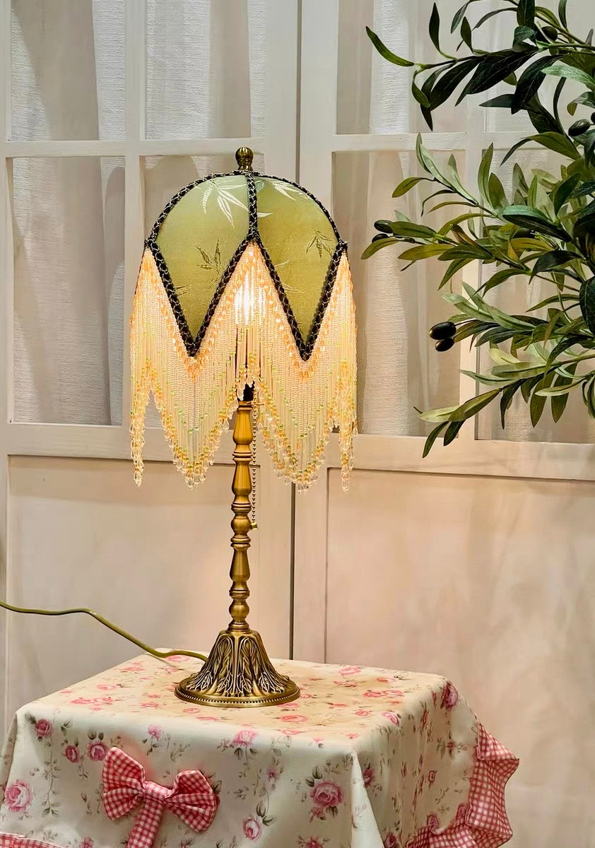 Green Table Lamp with Embroidered Floral Velvet Shade