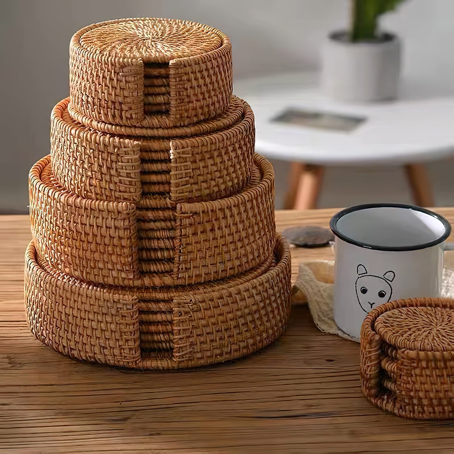 6 Piece Handwoven Rattan Boho Coasters Placemats with Holder