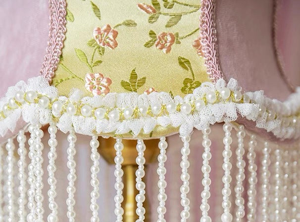 Pink Table Lamp with Embroidered Shade and Pearl Fringes