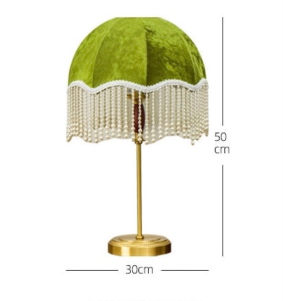 Table Lamp with Green Shade and Pearl Fringe