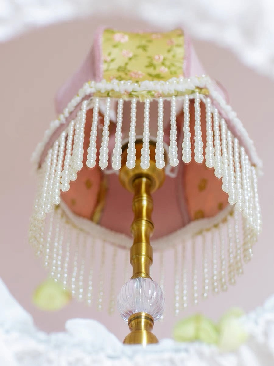 Pink Table Lamp with Embroidered Shade and Pearl Fringes