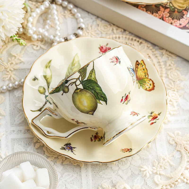 Vintage Style Ceramic Tea Set with Lemon and Butterfly Pattern