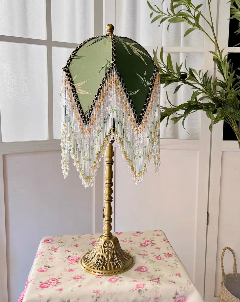 Green Table Lamp with Embroidered Floral Velvet Shade