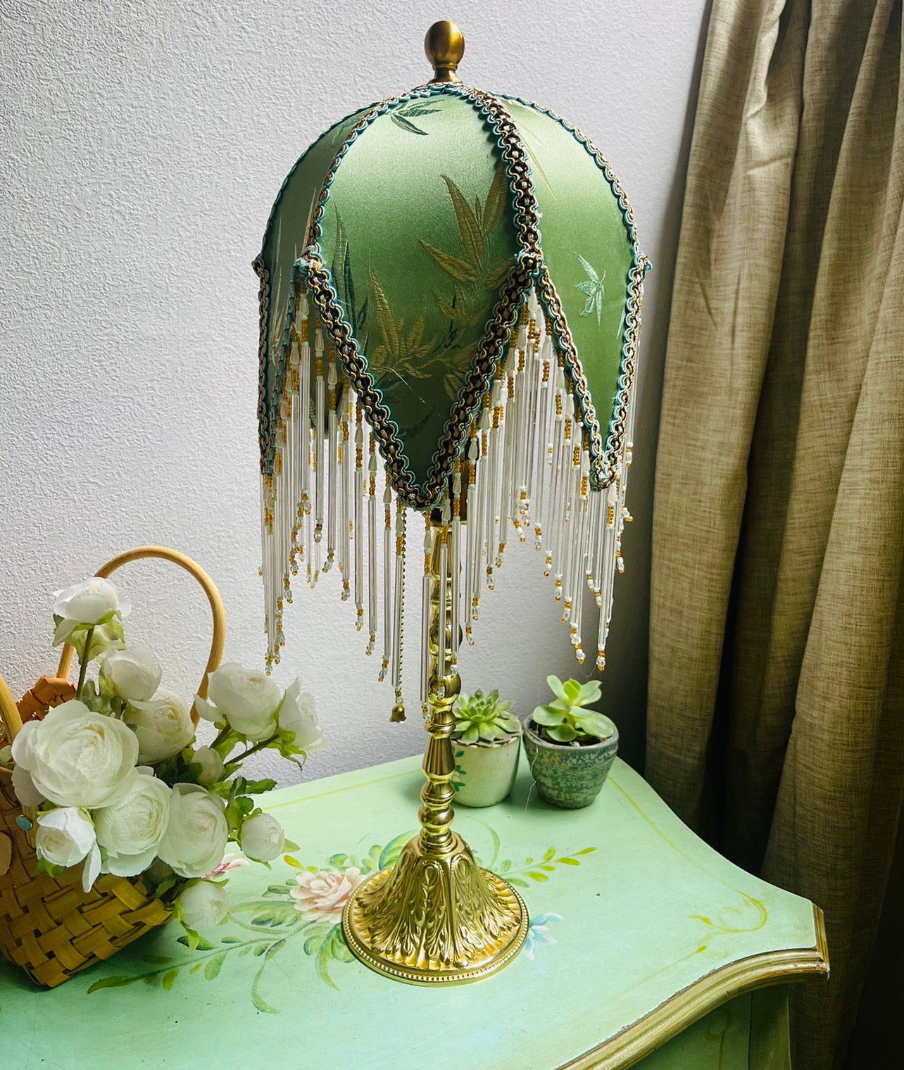 Green Table Lamp with Embroidered Floral Velvet Shade