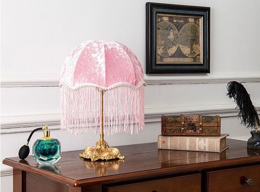 French Vintage Style Table Lamp with Pink Shade with Fringes