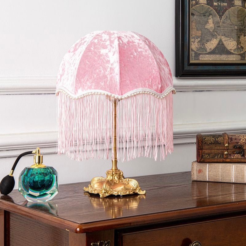 French Vintage Style Table Lamp with Pink Shade with Fringes