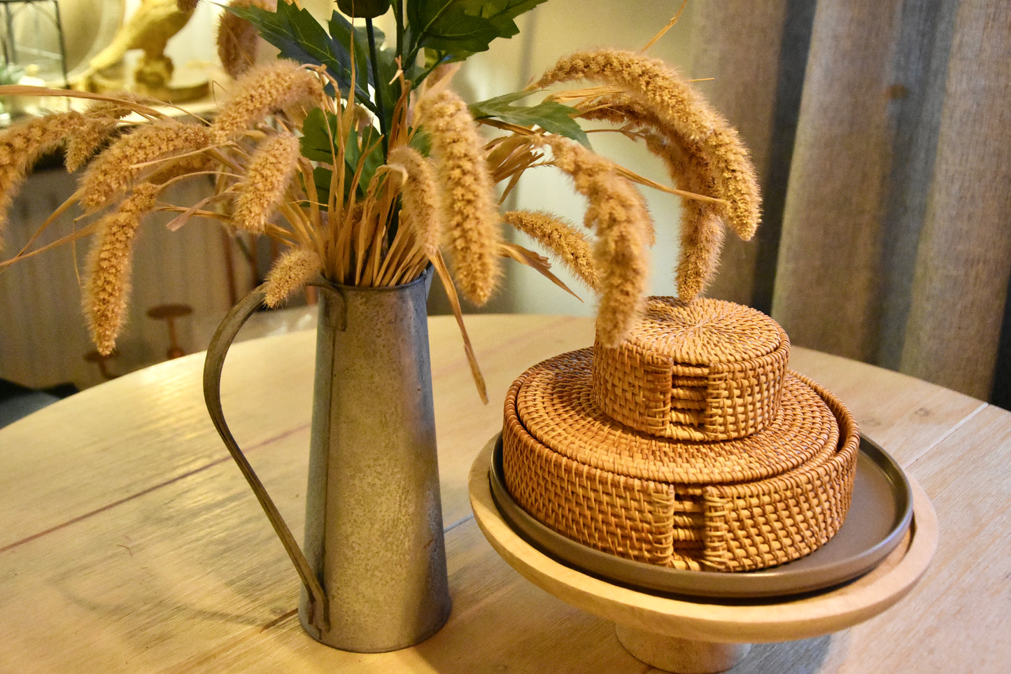 6 Piece Handwoven Rattan Boho Coasters Placemats with Holder