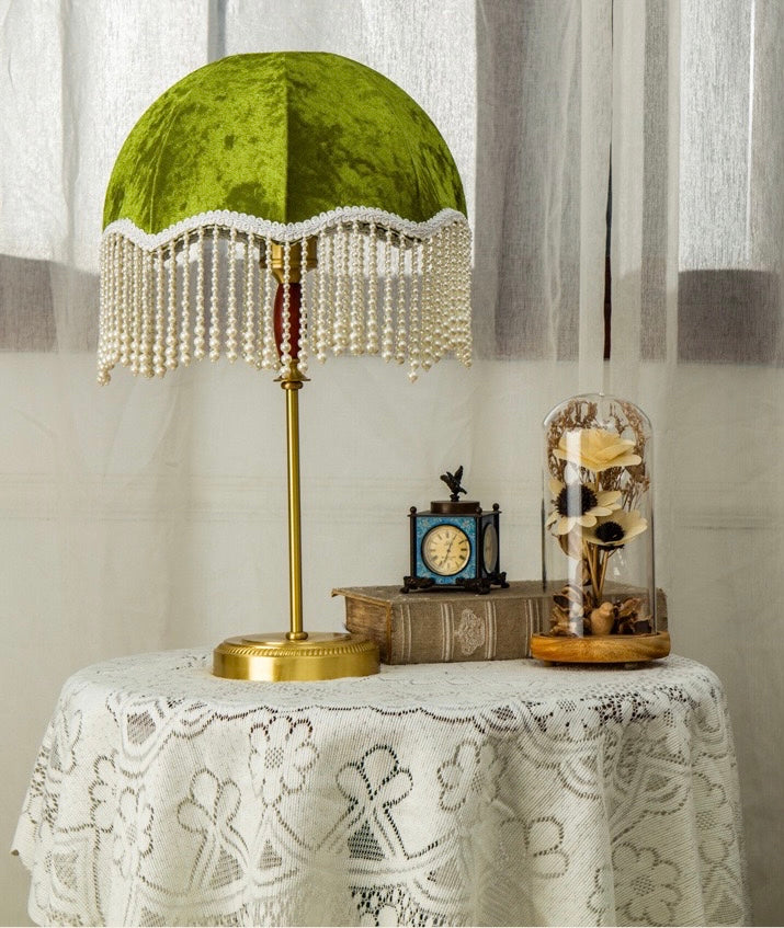 Table Lamp with Green Shade and Pearl Fringe