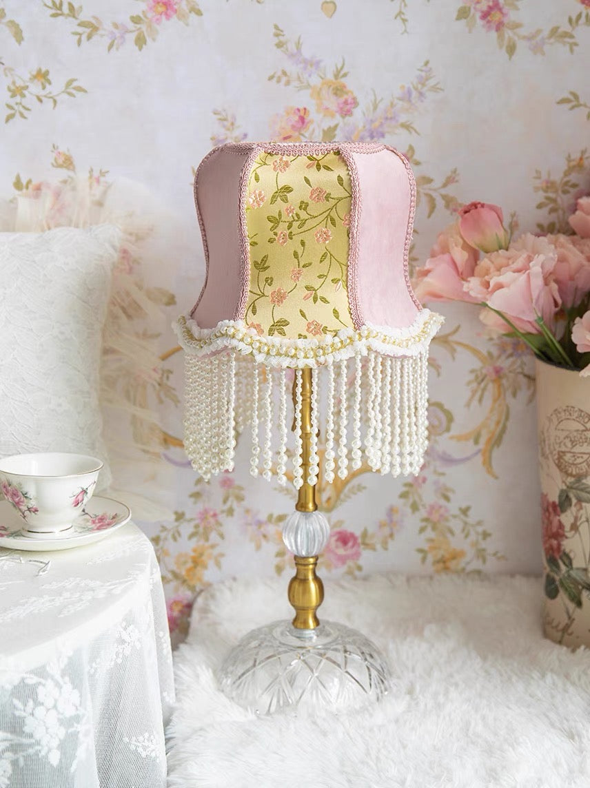 Pink Table Lamp with Embroidered Shade and Pearl Fringes