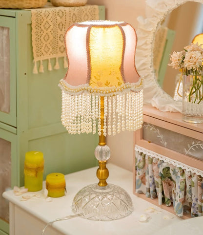 Pink Table Lamp with Embroidered Shade and Pearl Fringes