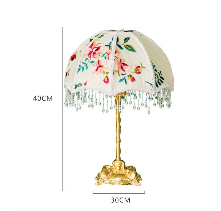 Table Lamp with Embroidered Floral Shade with Fringes