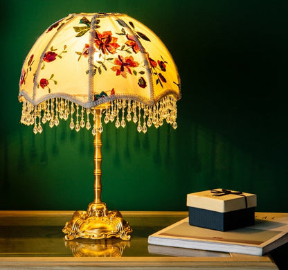 Table Lamp with Embroidered Floral Shade with Fringes